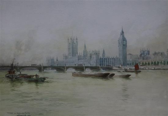 William M.Birchall watercolour The Houses of Parliament and Westminster Bridge, signed and dated 1922, 25 x 34cm.